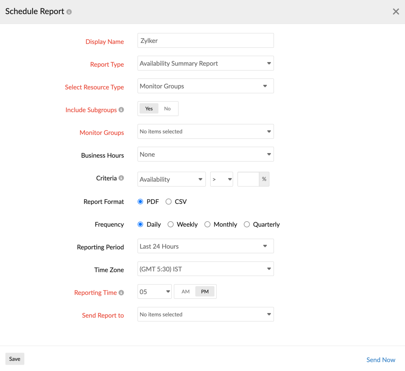 Availability trend in schedule report