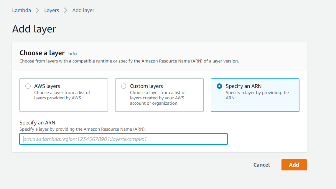 AWS Lambda functions to add layers.