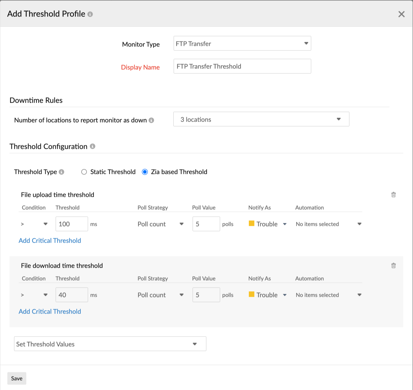 Configure threshold-related settings for an FTP transfer monitor