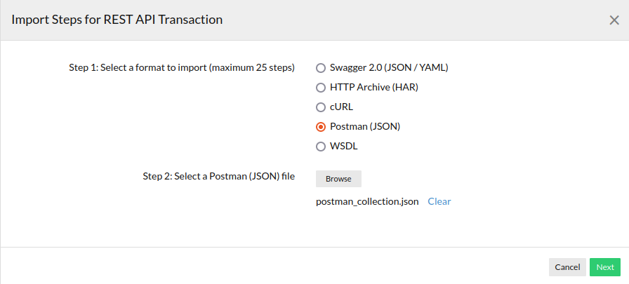 Import rest api transaction steps using postman json