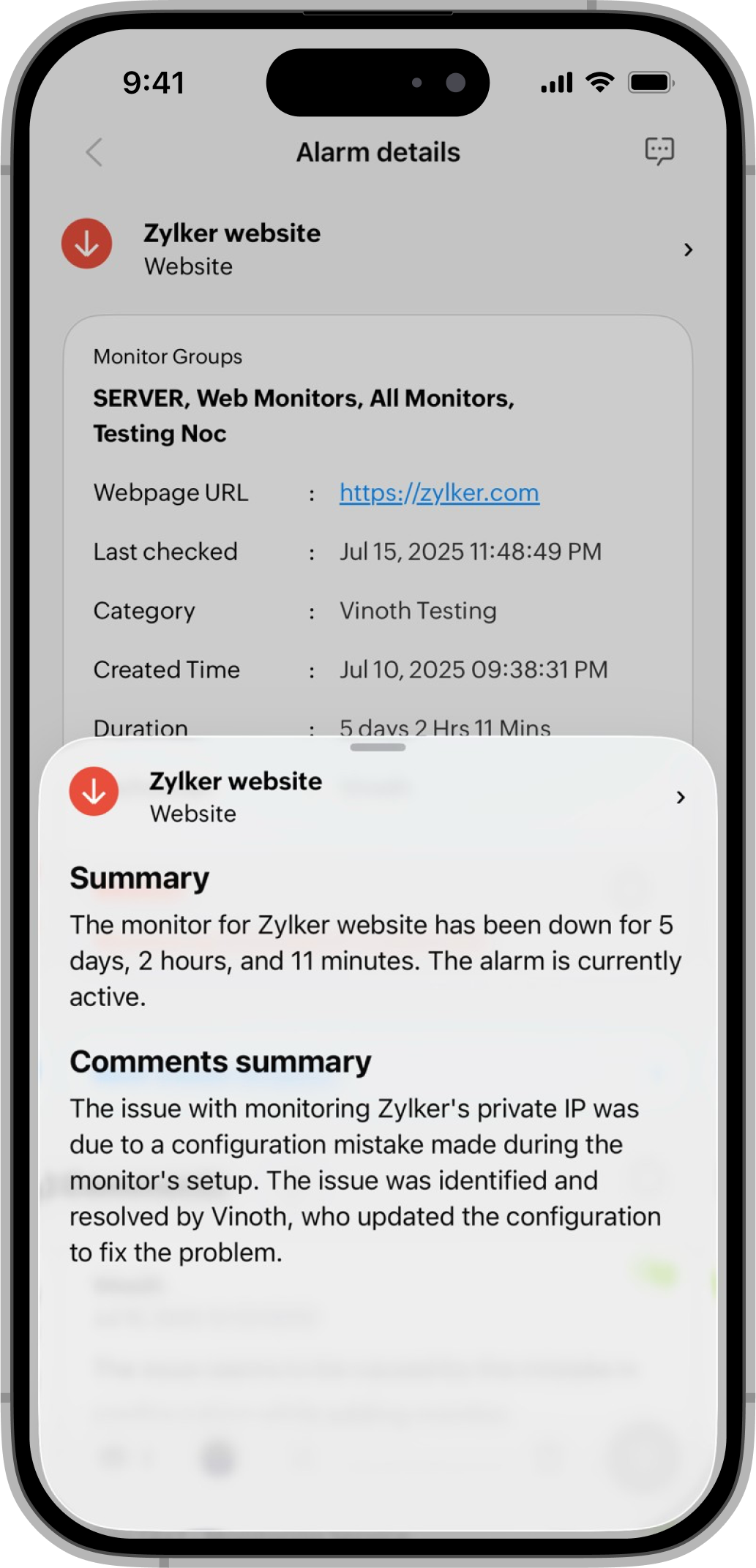 Alarm details comment summary Alarm details comment summary