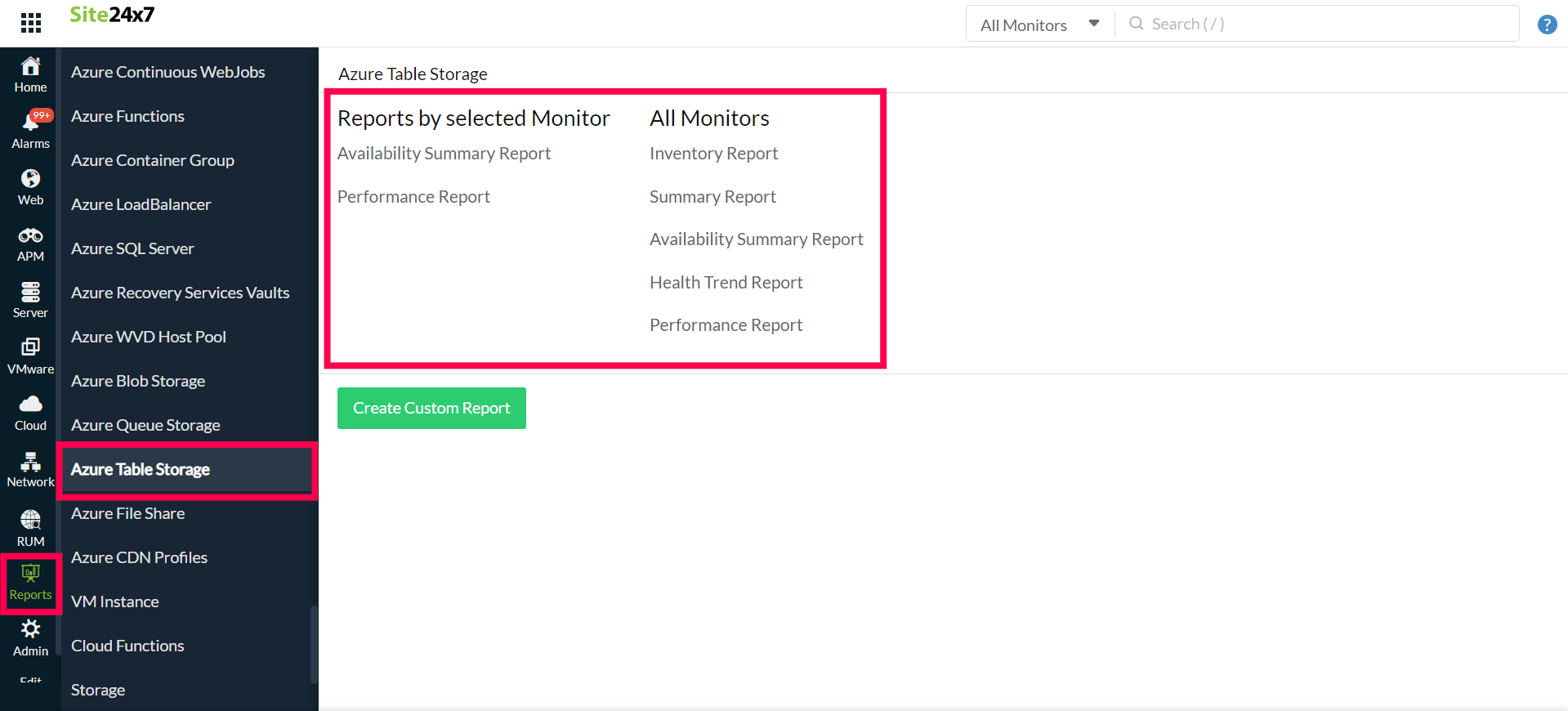 Table Storage Reports