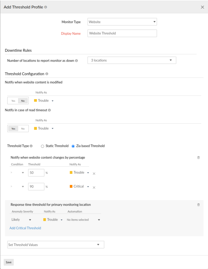 Configure website related settings for a website monitor